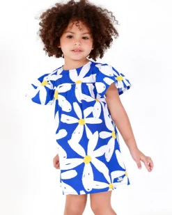 Robe en toile bleue pour fille avec volants et imprimé floral