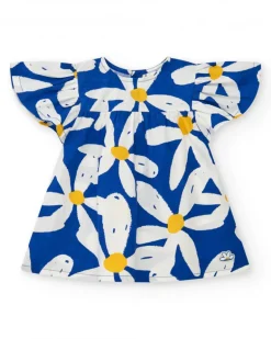 Robe en toile bleue pour fille avec volants et imprimé floral
