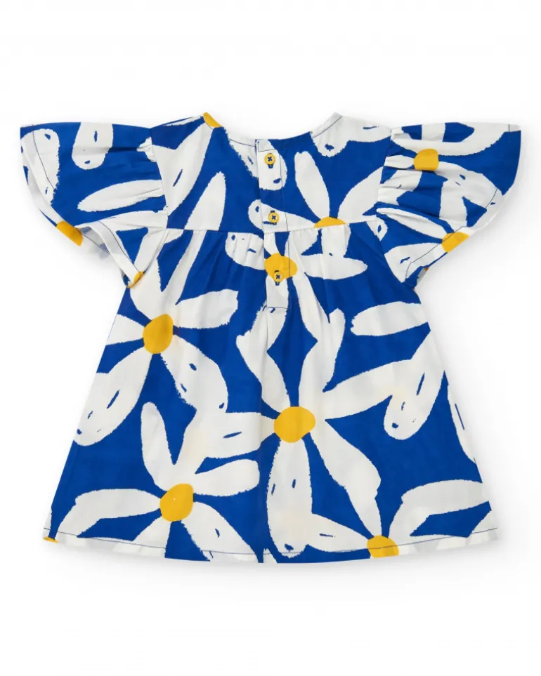 Robe en toile bleue pour fille avec volants et imprimé floral