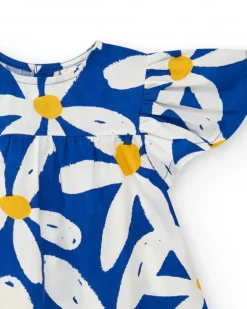 Robe en toile bleue pour fille avec volants et imprimé floral