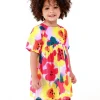 Robe en toile lilas pour fille avec fleurs jaunes et roses et manches bouffantes