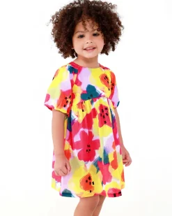 Robe en toile lilas pour fille avec fleurs jaunes et roses et manches bouffantes