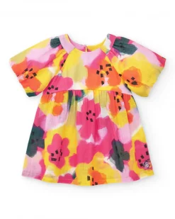 Robe en toile lilas pour fille avec fleurs jaunes et roses et manches bouffantes