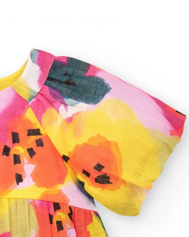 Robe en toile lilas pour fille avec fleurs jaunes et roses et manches bouffantes