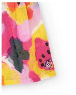 Robe en toile lilas pour fille avec fleurs jaunes et roses et manches bouffantes