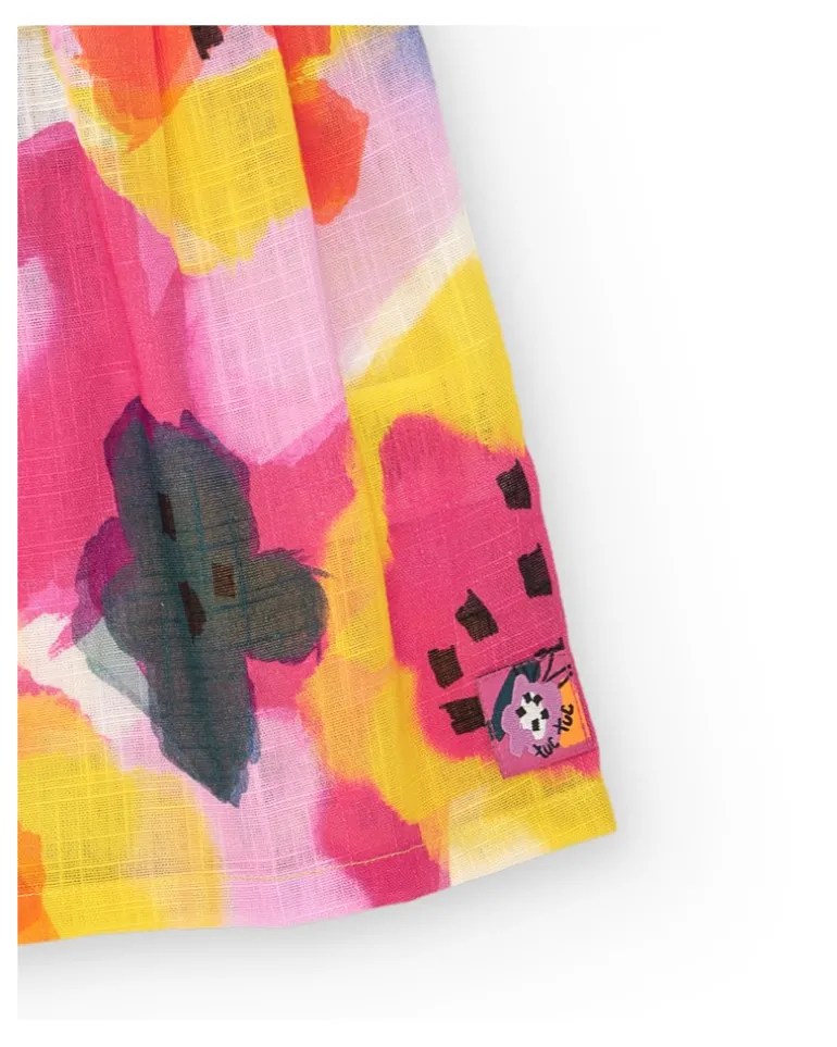 Robe en toile lilas pour fille avec fleurs jaunes et roses et manches bouffantes