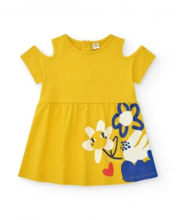 Robe jaune pour fille avec fleurs et épaules découvertes