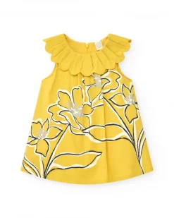 Robe jaune sans manches pour fille avec imprimé floral et col à volants