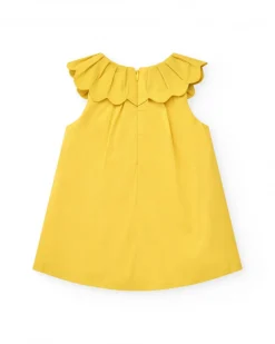 Robe jaune sans manches pour fille avec imprimé floral et col à volants