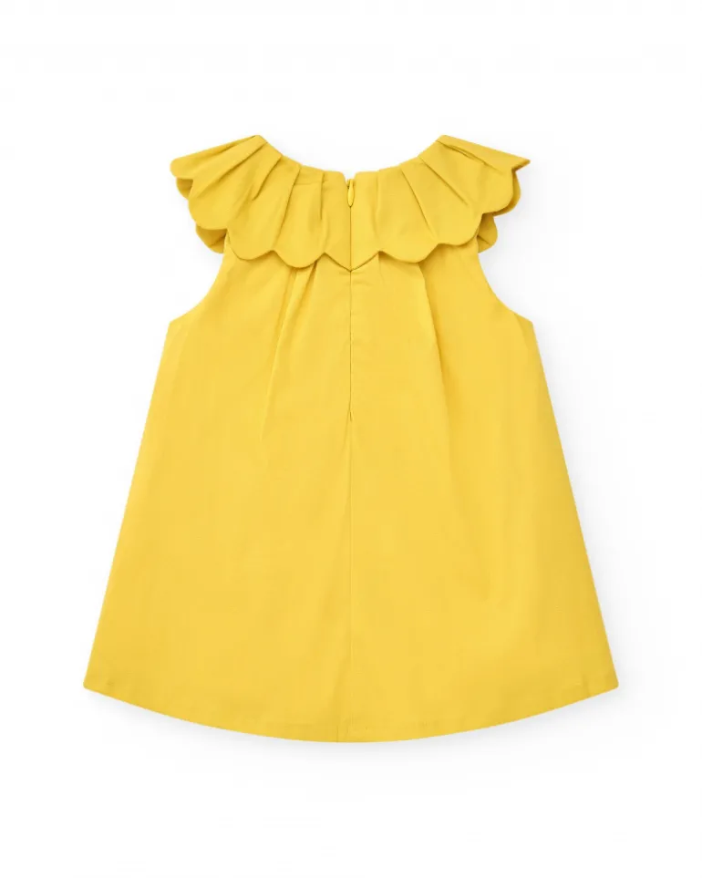Robe jaune sans manches pour fille avec imprimé floral et col à volants