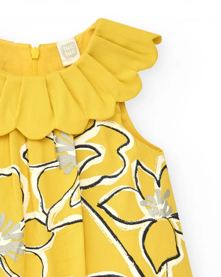 Robe jaune sans manches pour fille avec imprimé floral et col à volants
