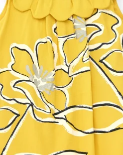 Robe jaune sans manches pour fille avec imprimé floral et col à volants