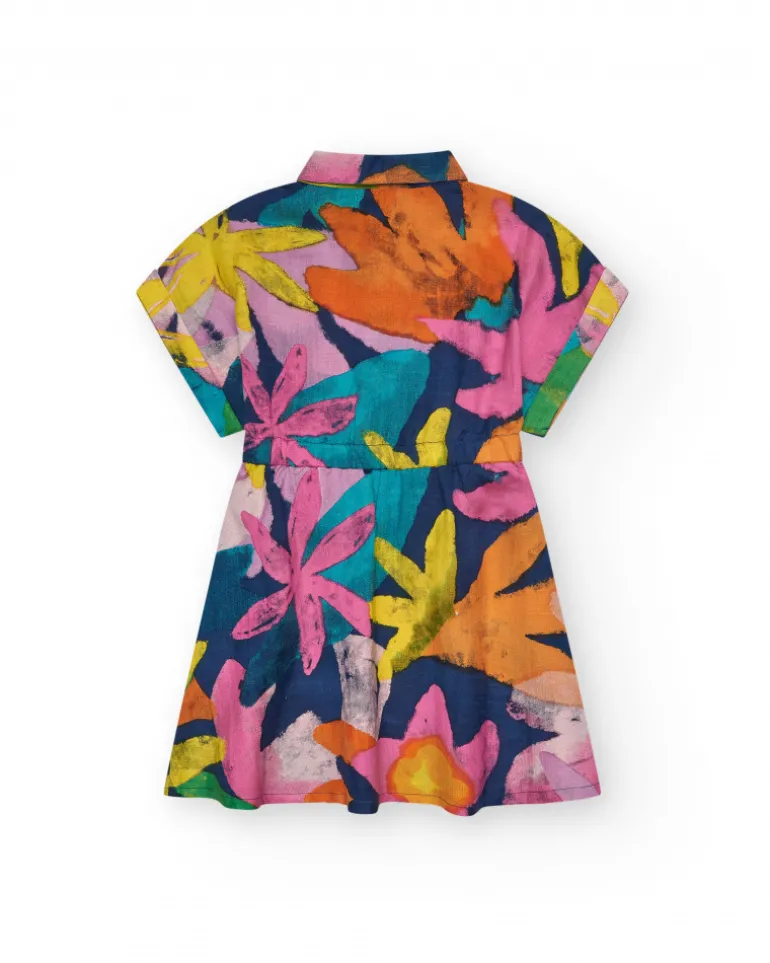 Robe multicolore pour fille avec col chemise et fermeture à boutons.