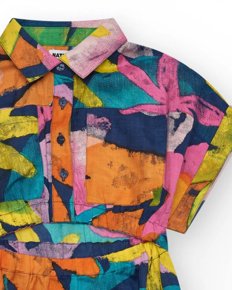 Robe multicolore pour fille avec col chemise et fermeture à boutons.