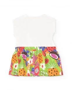 Robe pour fille avec haut blanc brodé et jupe imprimée de fruits tropicaux