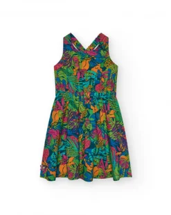 Robe pour fille avec imprimé tropical multicolore et bretelles croisées.