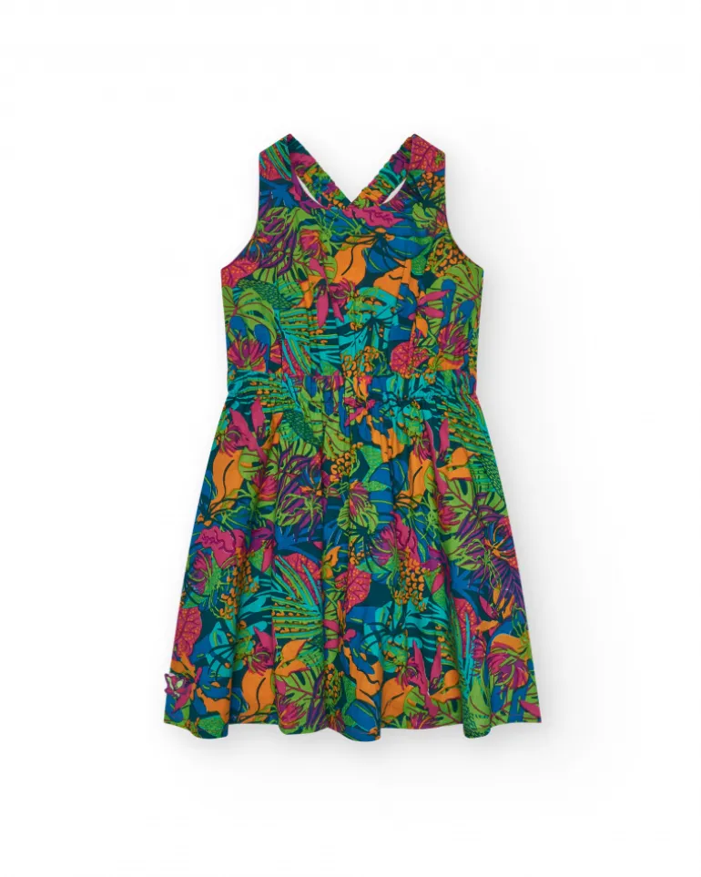 Robe pour fille avec imprimé tropical multicolore et bretelles croisées.