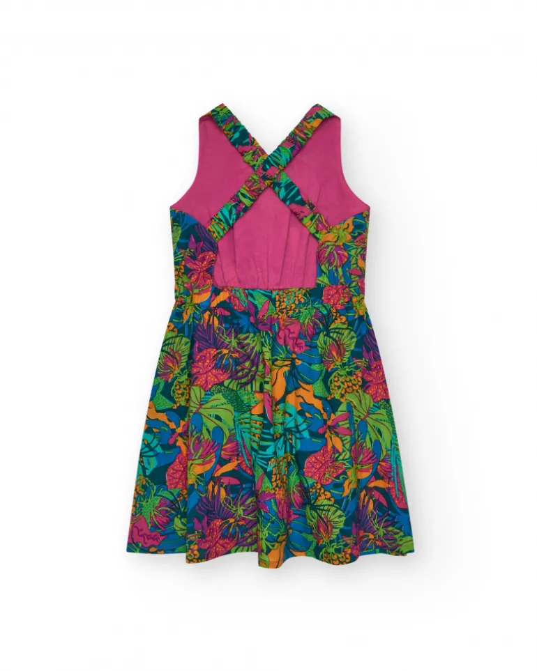 Robe pour fille avec imprimé tropical multicolore et bretelles croisées.