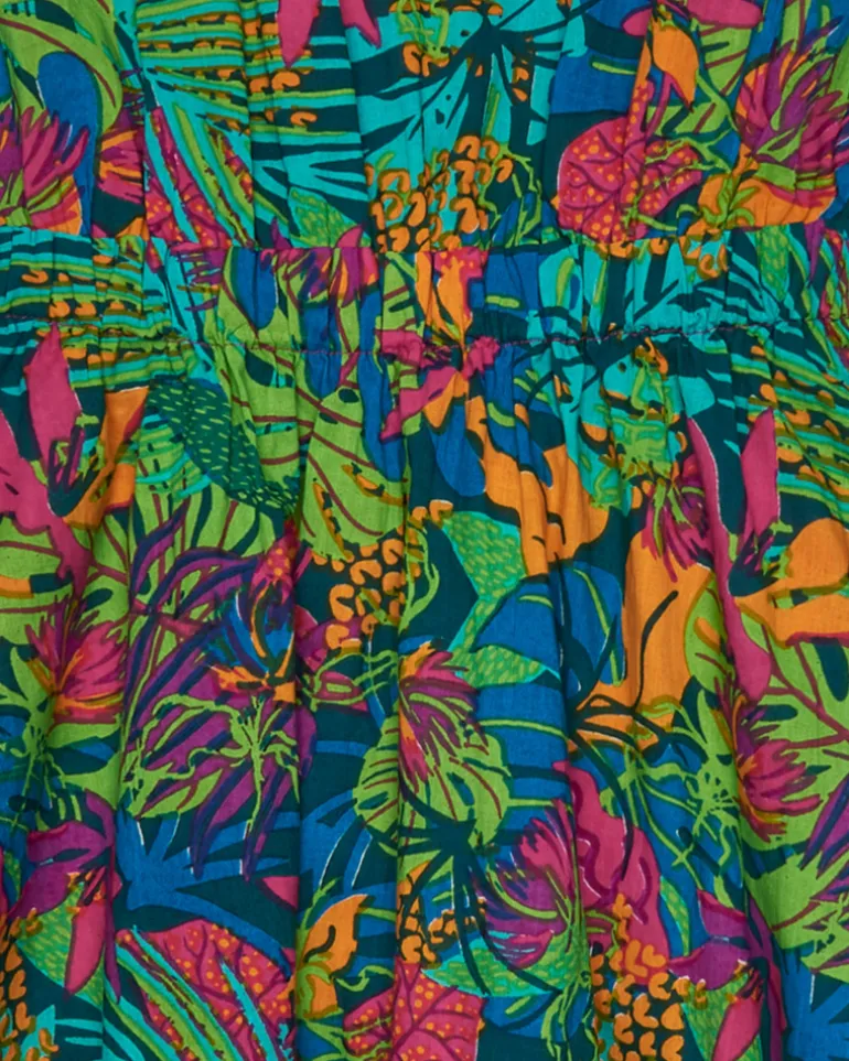 Robe pour fille avec imprimé tropical multicolore et bretelles croisées.