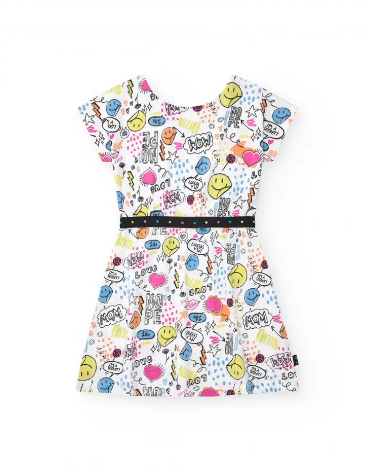 Robe pour fille en blanc avec ceinture décorative et imprimé sur le devant.