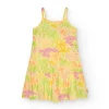 Robe pour fille en jaune avec bretelles et imprimé tropical.