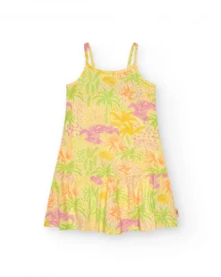 Robe pour fille en jaune avec bretelles et imprimé tropical.