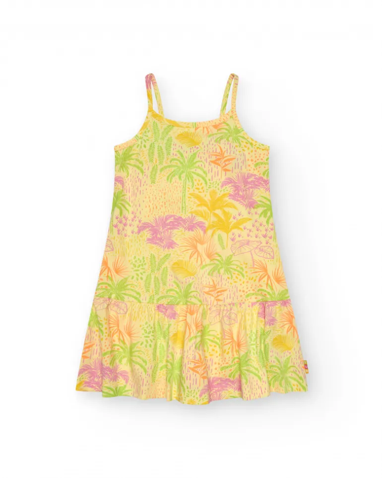 Robe pour fille en jaune avec bretelles et imprimé tropical.