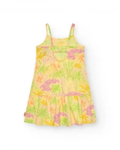 Robe pour fille en jaune avec bretelles et imprimé tropical.