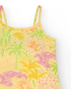 Robe pour fille en jaune avec bretelles et imprimé tropical.
