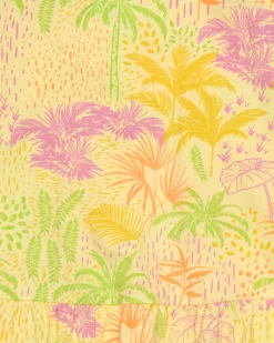 Robe pour fille en jaune avec bretelles et imprimé tropical.