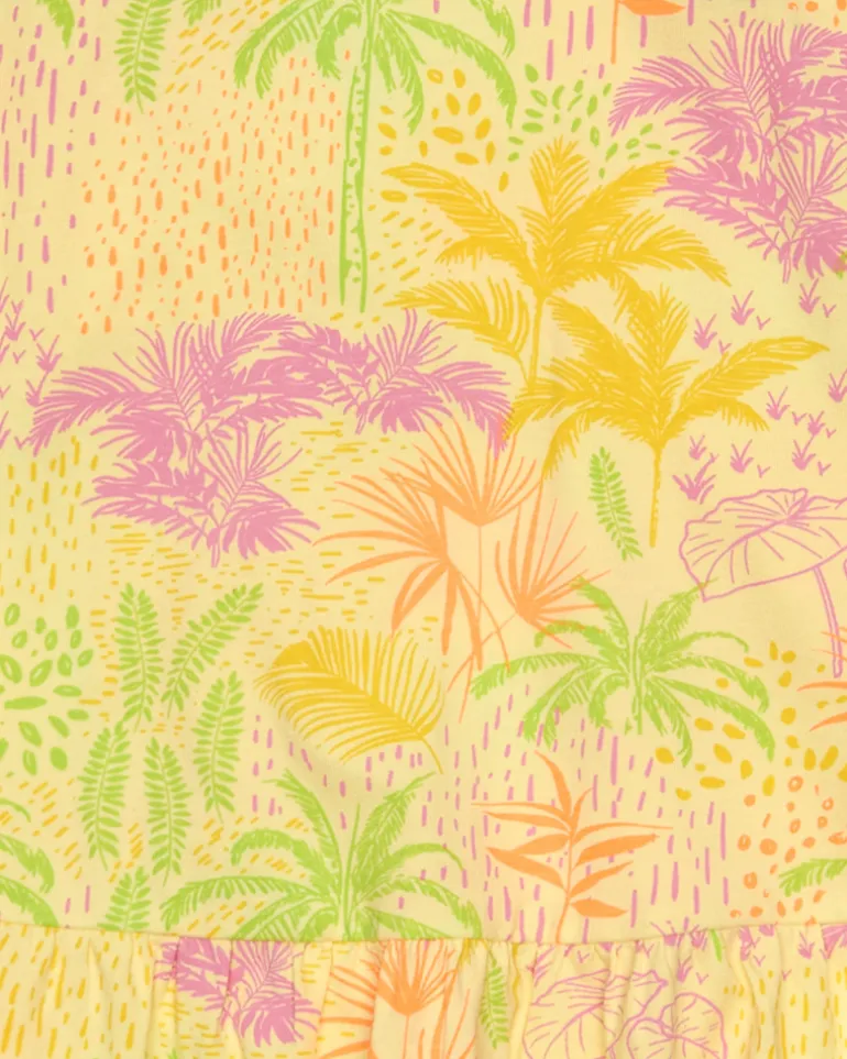 Robe pour fille en jaune avec bretelles et imprimé tropical.