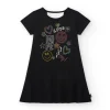Robe pour fille en noir, à manches courtes, décorée avec des appliques colorées.