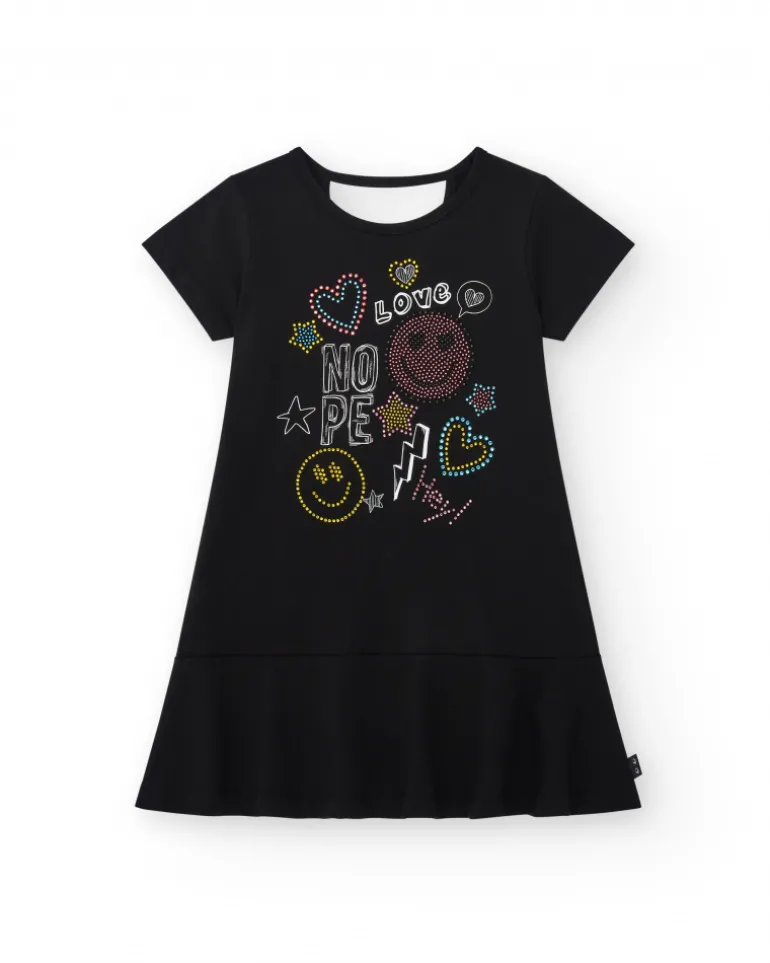 Robe pour fille en noir, à manches courtes, décorée avec des appliques colorées.
