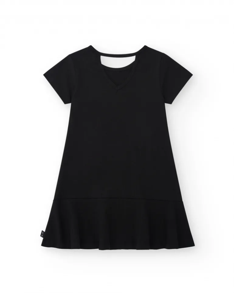 Robe pour fille en noir, à manches courtes, décorée avec des appliques colorées.