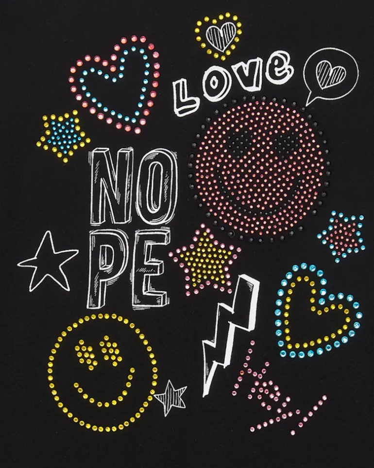 Robe pour fille en noir, à manches courtes, décorée avec des appliques colorées.