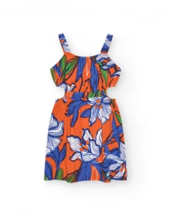 Robe pour fille en orange avec bretelles et imprimé floral.