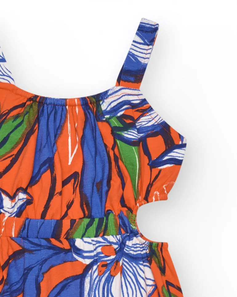 Robe pour fille en orange avec bretelles et imprimé floral.