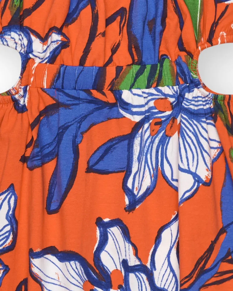 Robe pour fille en orange avec bretelles et imprimé floral.