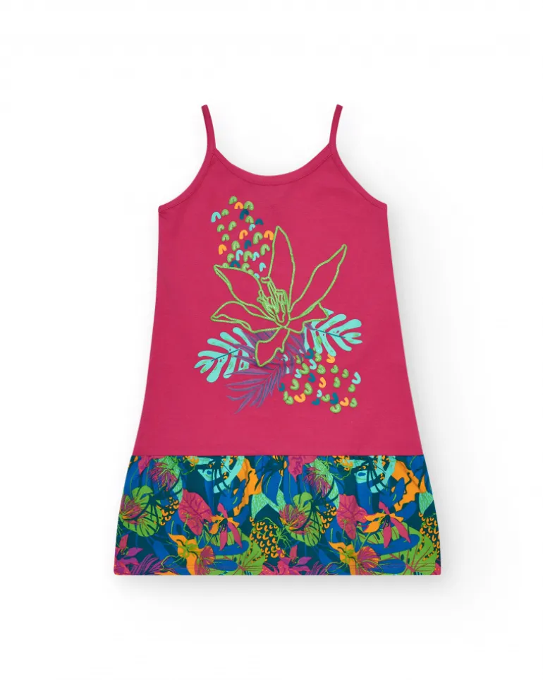 Robe pour fille en rose avec imprimé tropical et fleur brodée.