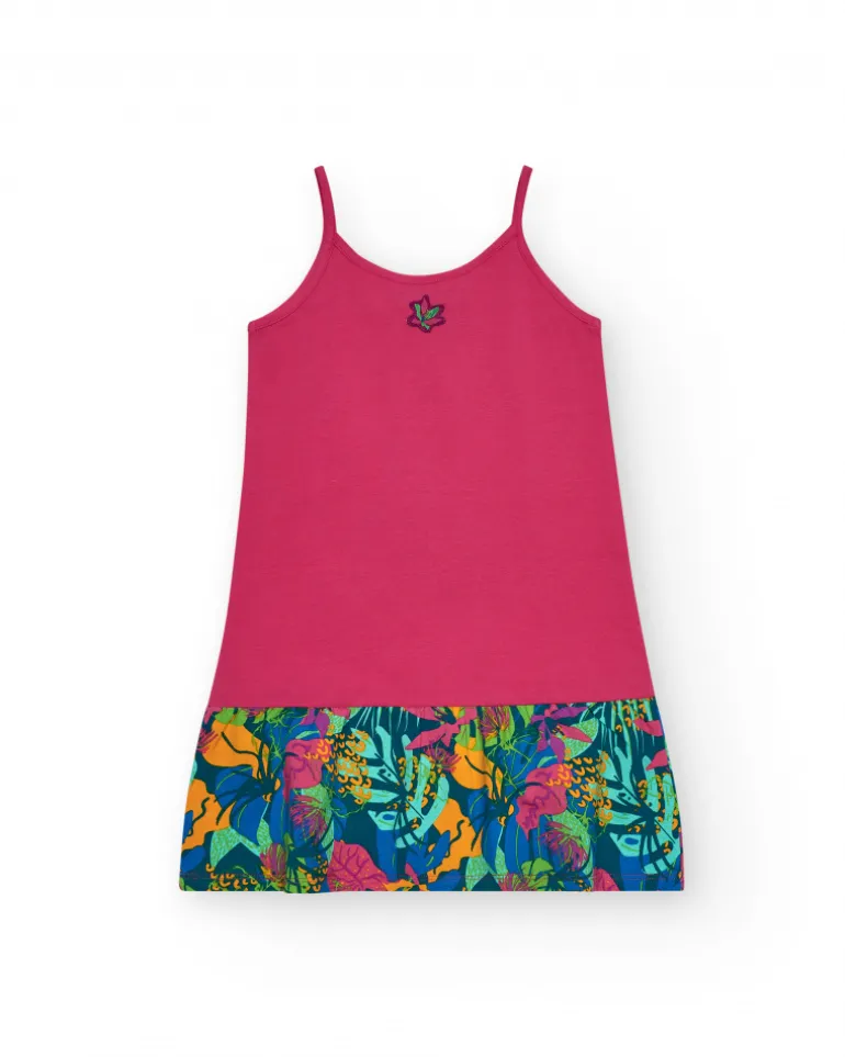 Robe pour fille en rose avec imprimé tropical et fleur brodée.