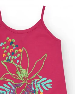 Robe pour fille en rose avec imprimé tropical et fleur brodée.