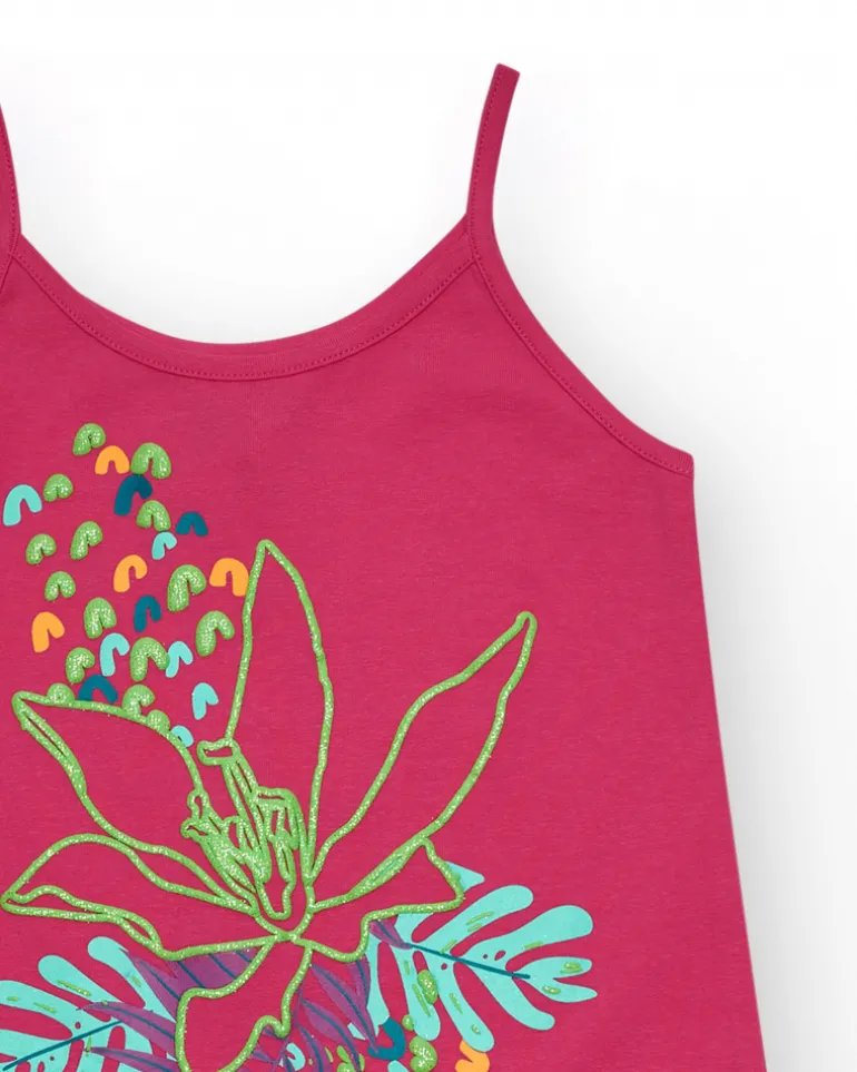 Robe pour fille en rose avec imprimé tropical et fleur brodée.