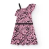 Robe pour fille en rose et noir avec design asymétrique et détails appliqués.