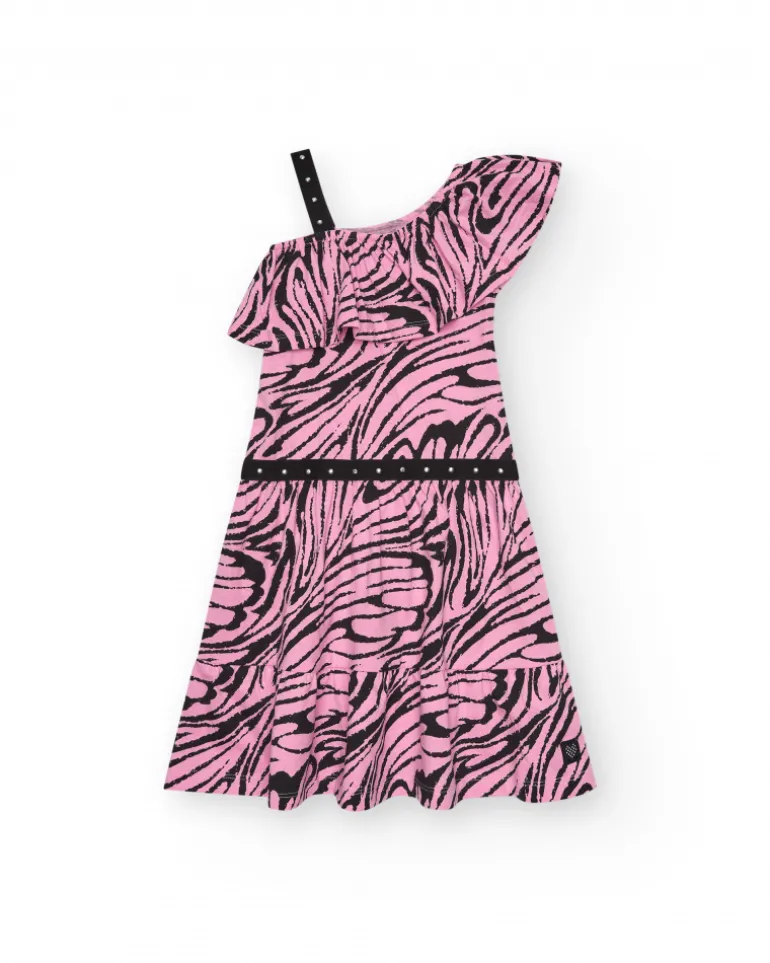 Robe pour fille en rose et noir avec design asymétrique et détails appliqués.