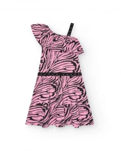 Robe pour fille en rose et noir avec design asymétrique et détails appliqués.