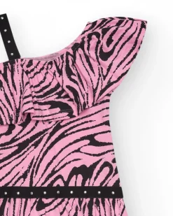Robe pour fille en rose et noir avec design asymétrique et détails appliqués.