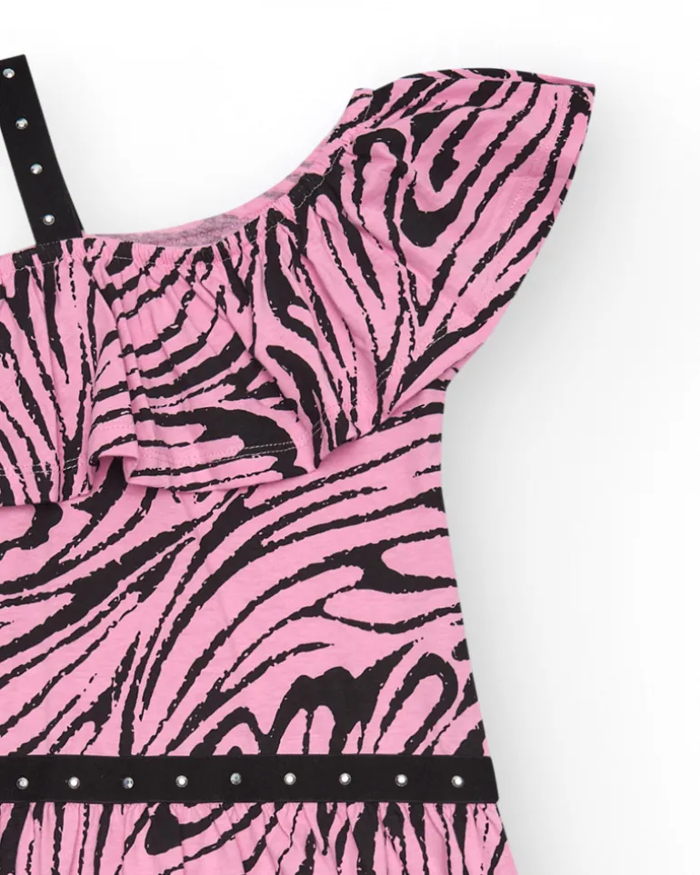 Robe pour fille en rose et noir avec design asymétrique et détails appliqués.