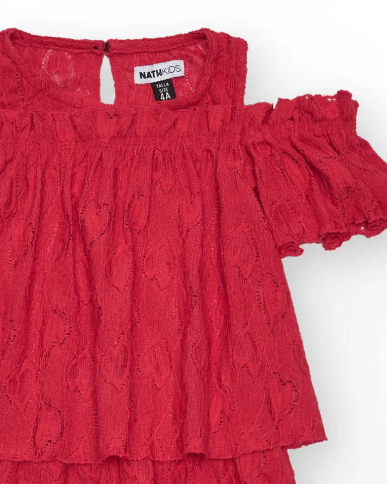 Robe pour fille en rouge avec volants et épaules dénudées