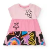Robe rose pour fille avec étoiles et fleurs multicolores