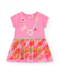 Robe rose pour fille avec jupe imprimée et bordure argentée